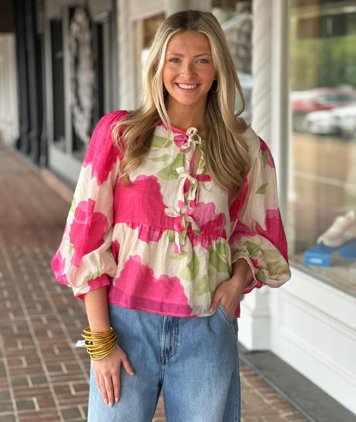 Bow Ties Peplum Floral Top in Hot Pink