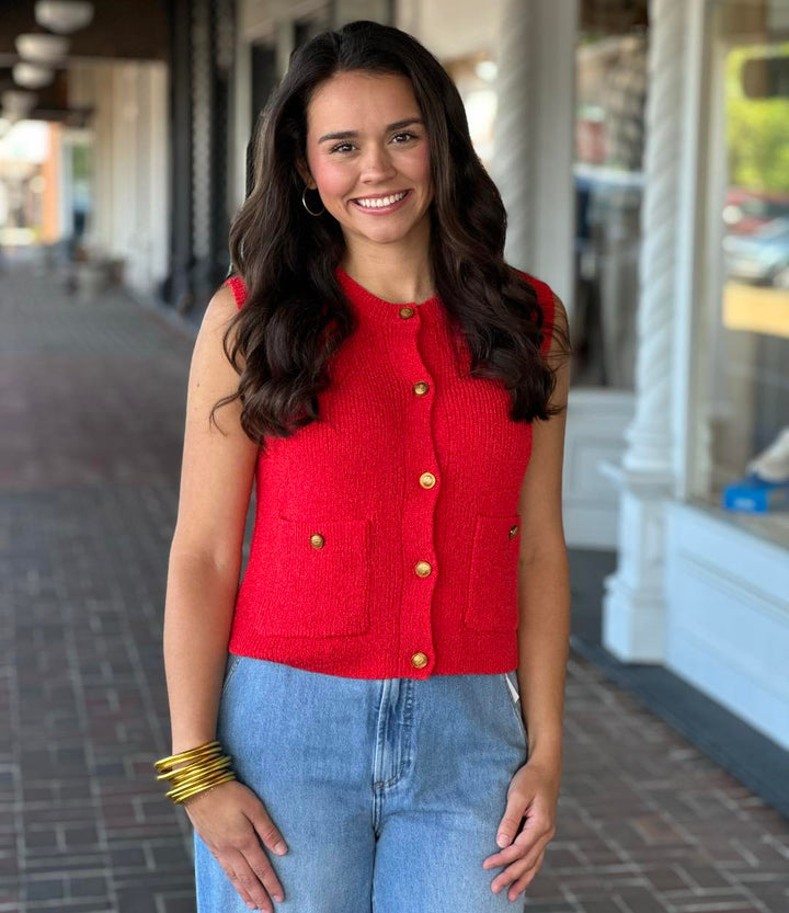 Gold Button Sweater Vest in Red