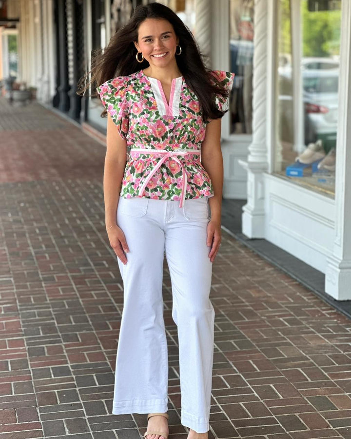 Floral Print Flutter Top in Pink