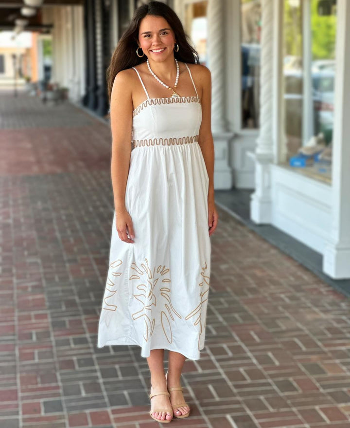 Off White Embroidered Midi Dress