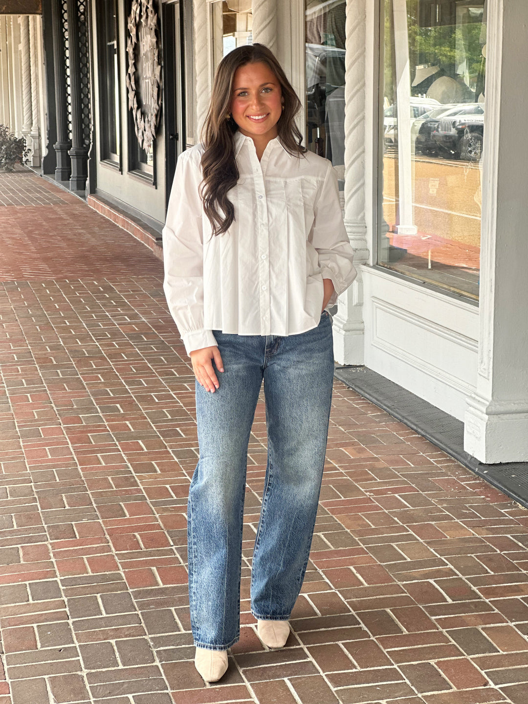 White Pleated Poplin Button Down Top