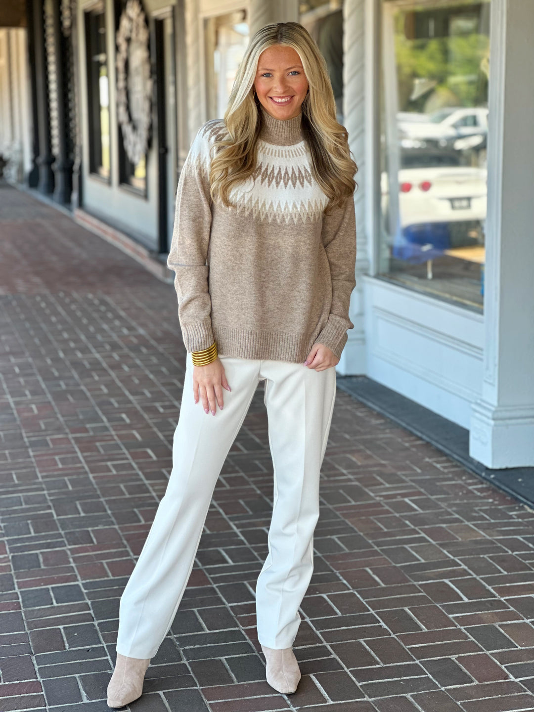 Charlie B Jacquard Mock Neck Beige Sweater