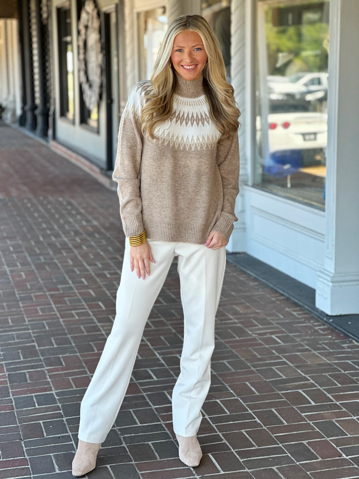 Charlie B Jacquard Mock Neck Beige Sweater