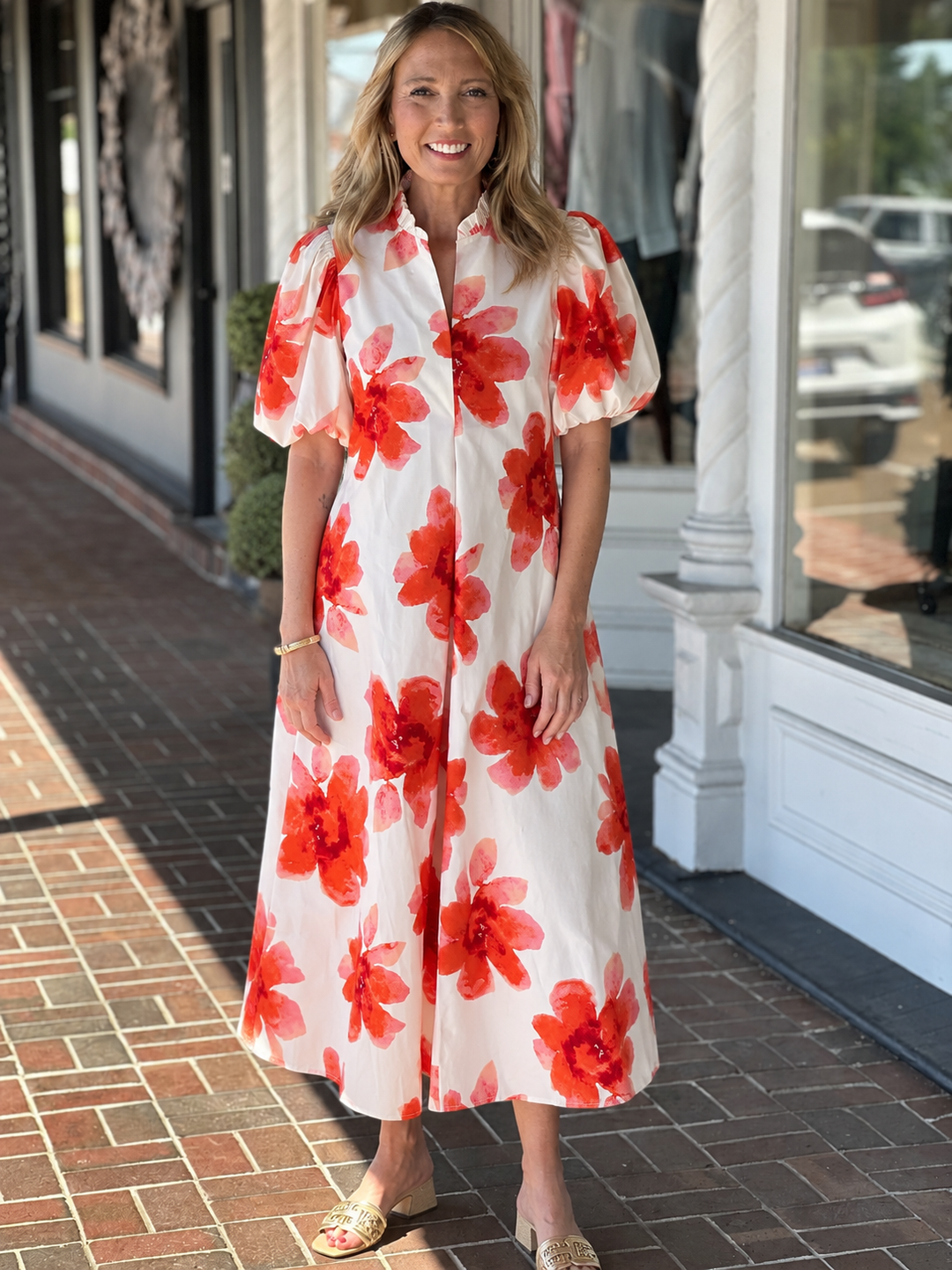 Ruffle V-neck Puff Sleeve Waist Pleated Midi Dress in Cream