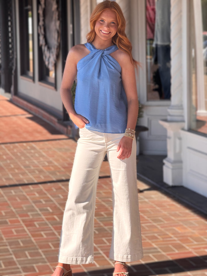 Twist Halter Neck Sleeveless Top in Blue