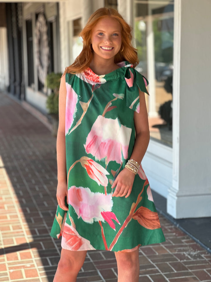 Ruffle Neck Tie Sleeveless Floral Print Mini Dress in Green