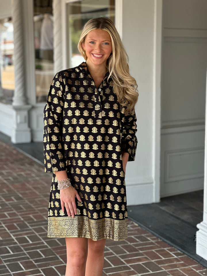 Jude Connally Helen Dress in Foulard Border Black Gold