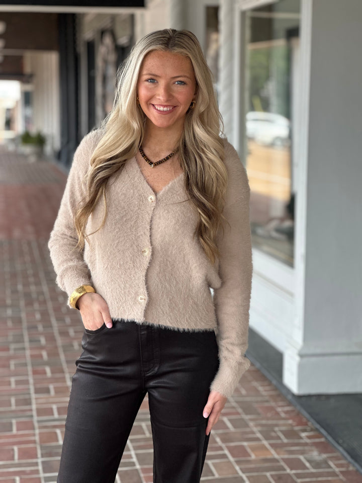 Fuzzy Knit Front Button Cardi in Taupe