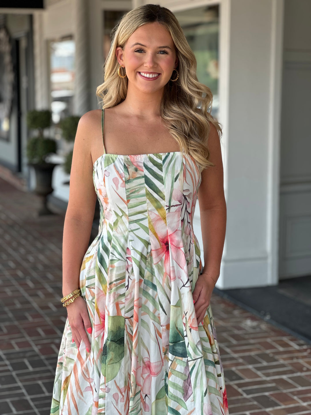 Tropical Botanical Print Pleated Detail Midi Dress