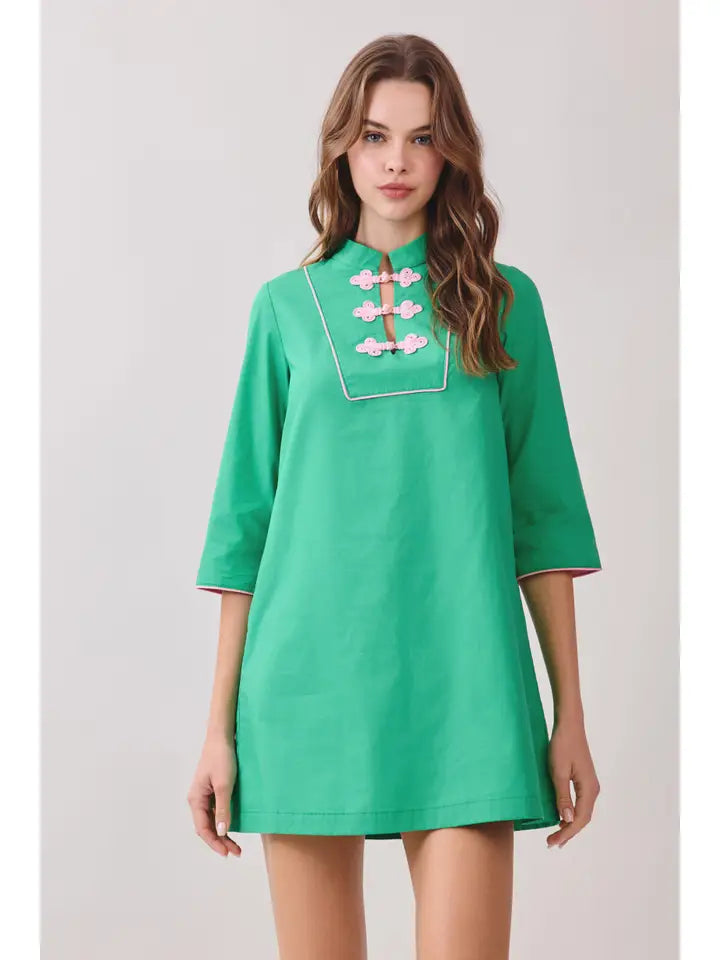 Green Mandarin Collar Button Detail Dress