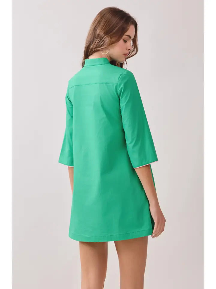 Green Mandarin Collar Button Detail Dress