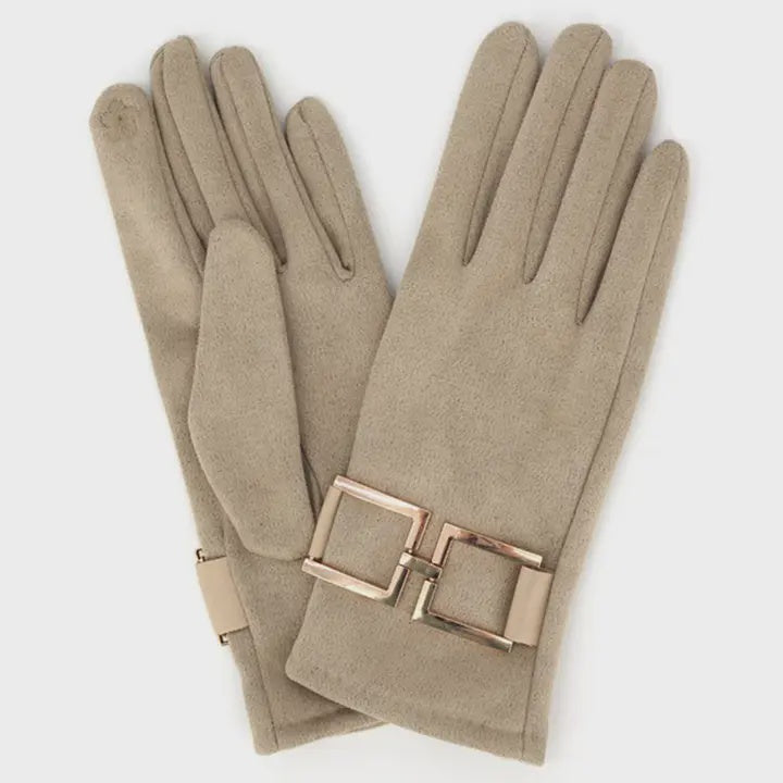 Gold Buckle Accent Faux Suede Touchscreen Glove in Taupe