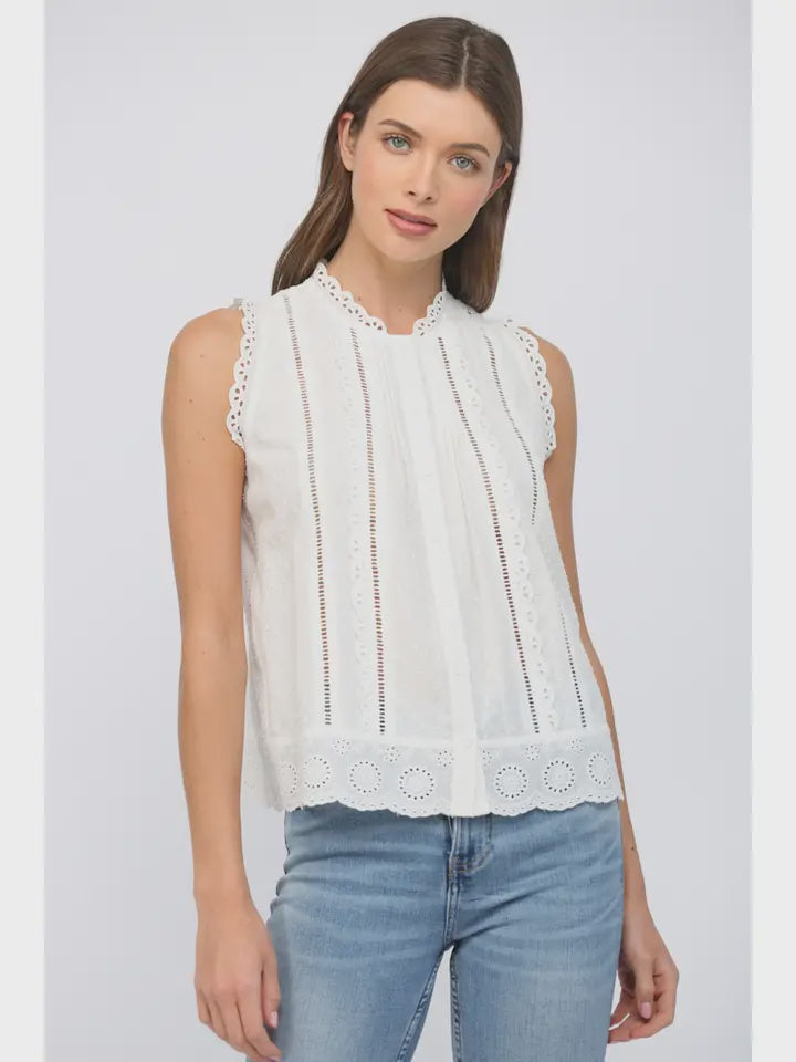 White Lace Trimmed Dobby-Dot Fabric Sleeve Top