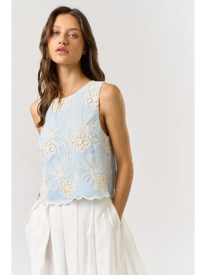Light Blue Sleeveless Floral Embroidered Top