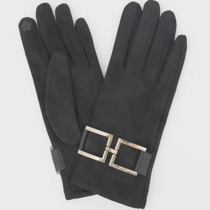 Gold Buckle Accent Faux Suede Touchscreen Glove in Black