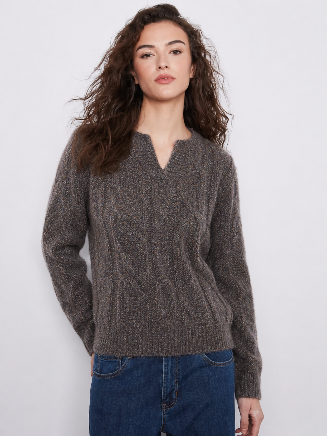 Charlie B Long Sleeve Notch Neck Heather Yarn Sweater in Woodland Metallic Flex