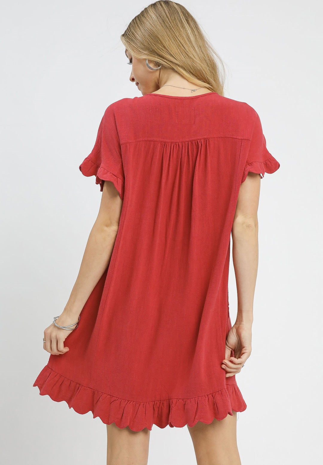 Red Linen Ruffle Hem Mini Dress