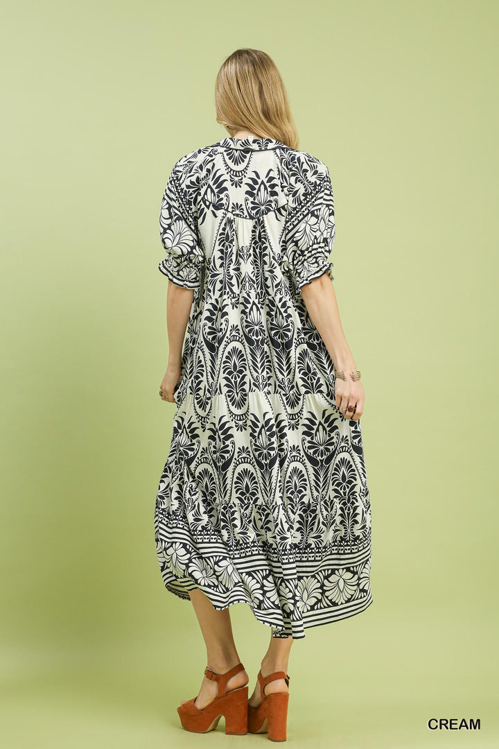 Cream Print Midi Dress