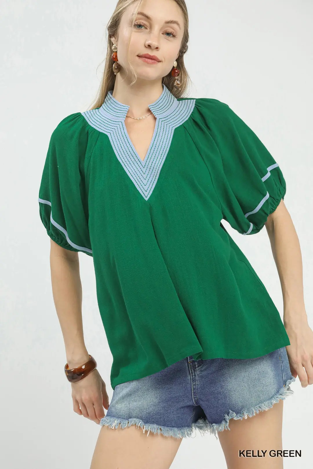 Green Linen Puff Sleeve Top