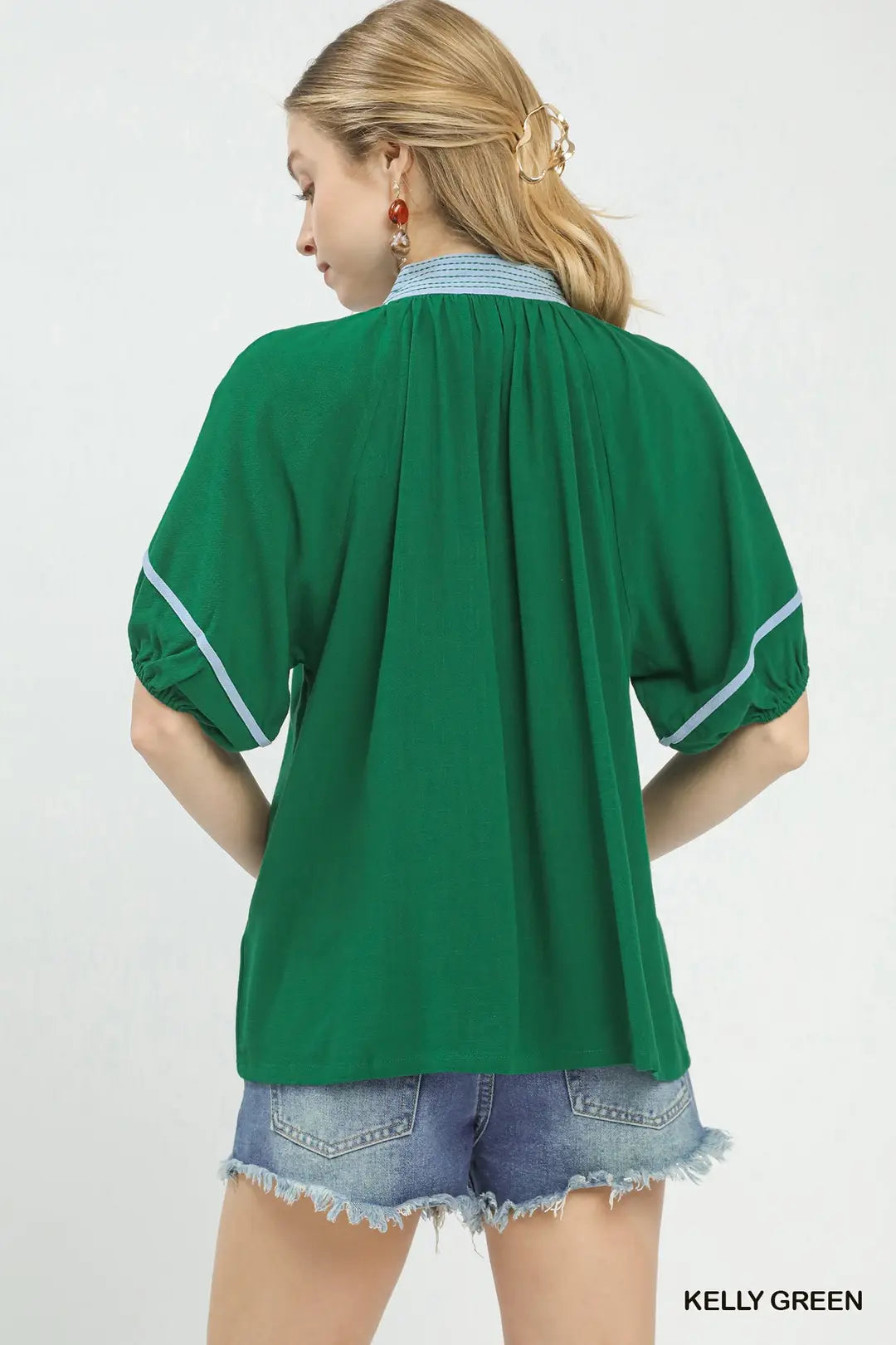 Green Linen Puff Sleeve Top