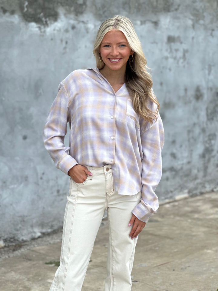 Z Supply River Plaid Button Up in Lavender Ice