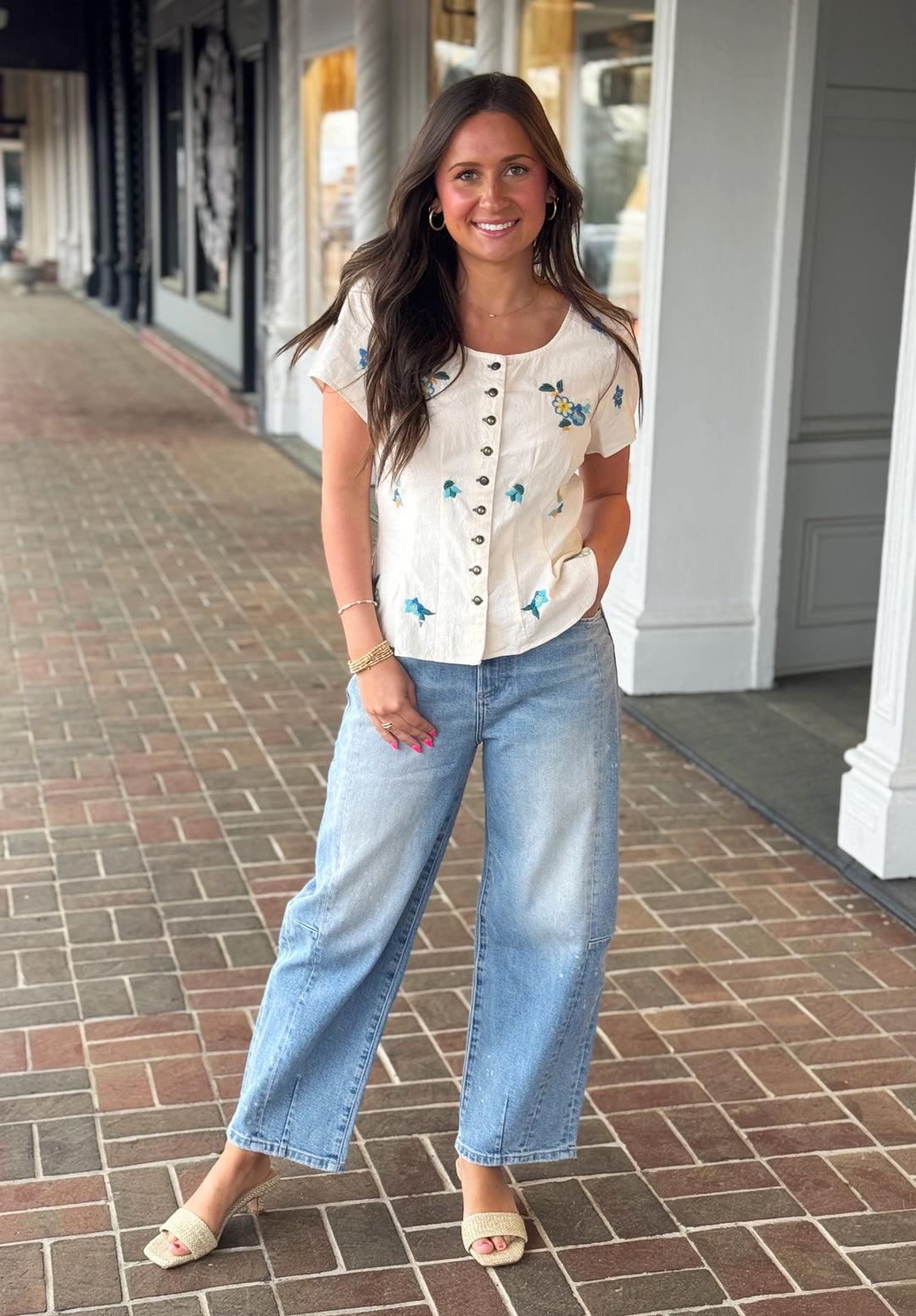 Free People Kelly Embroidered Blouse in Ivory Combo