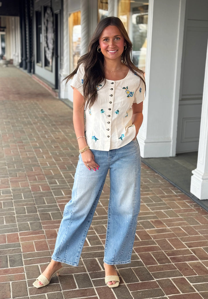 Free People Kelly Embroidered Blouse in Ivory Combo