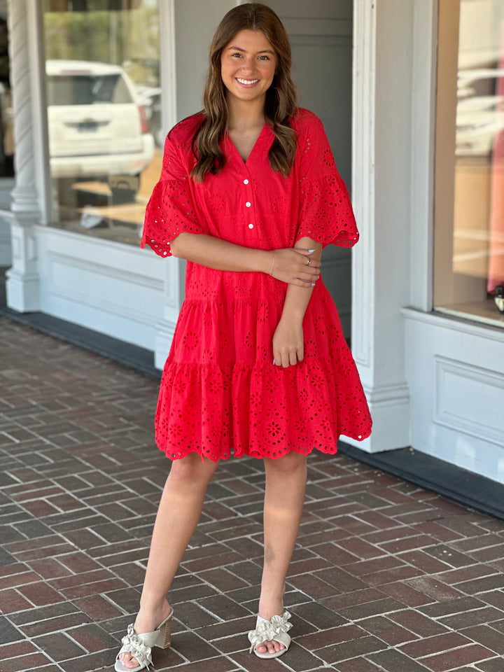 Tribal Cotton Eyelet Ruffle Short Sleeve Tiered Dress in Red