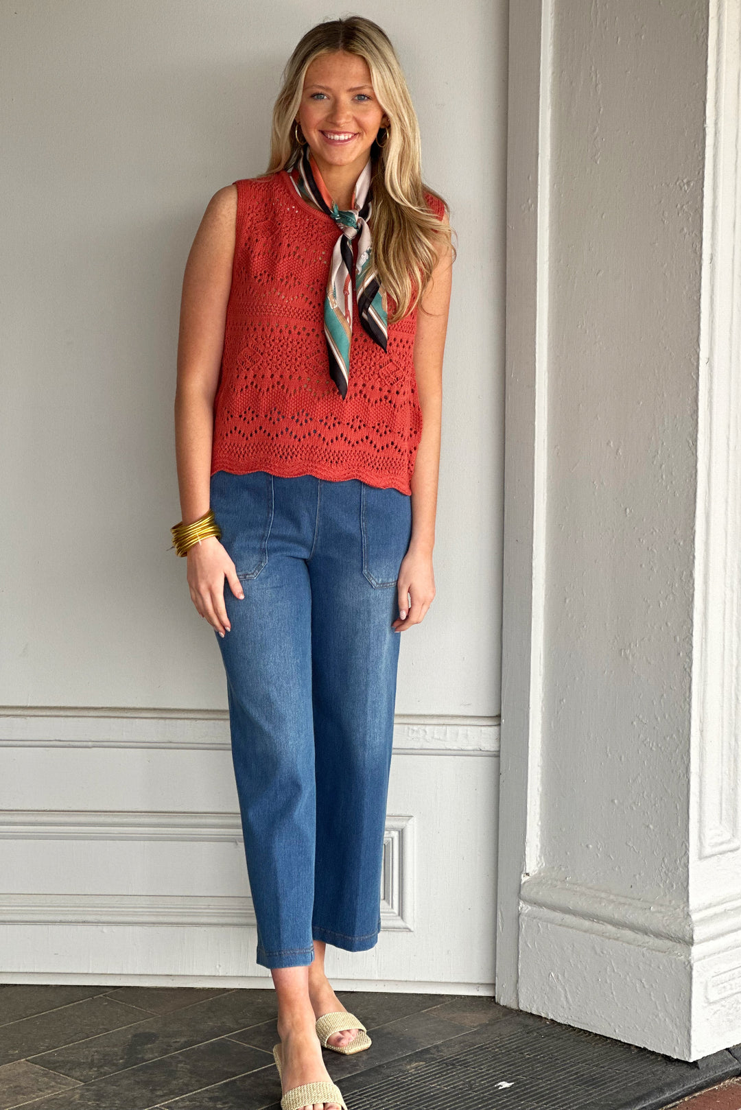 Dylan Scallop Hem Crochet Red Sweater Top