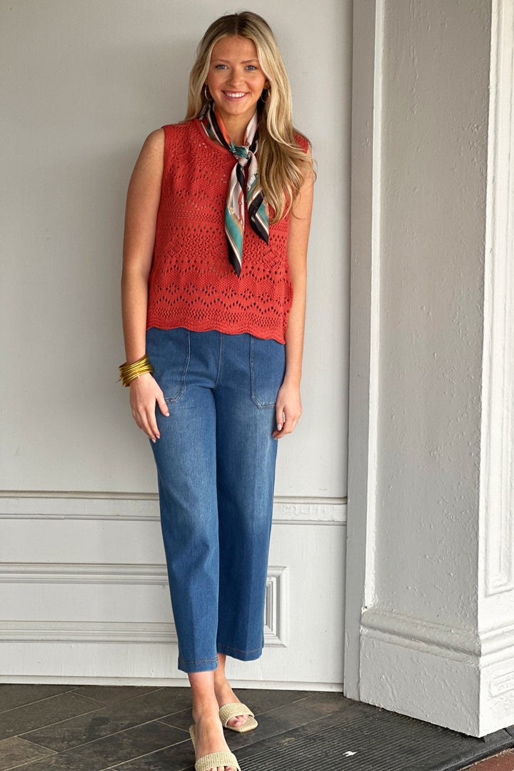Dylan Scallop Hem Crochet Red Sweater Top