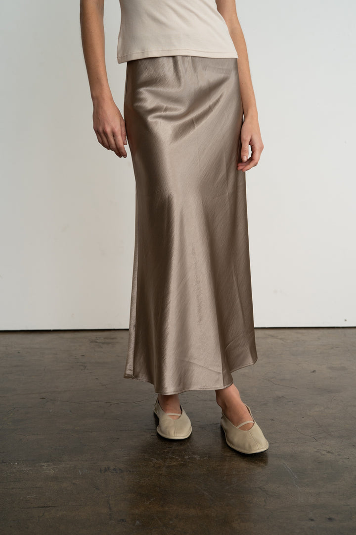 Gold Satin Semi Flare Long Skirt
