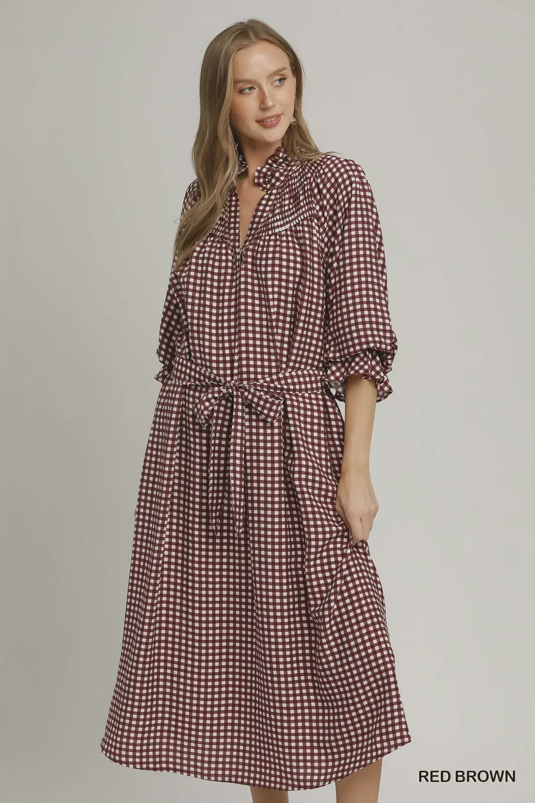 Now You Know Gingham Maxi Dress in Red Brown