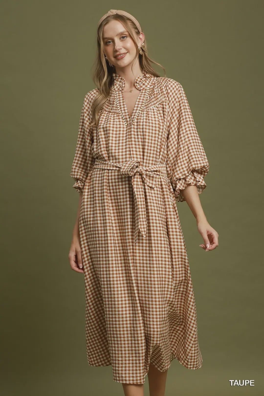 Now You Know Gingham Maxi Dress in Taupe