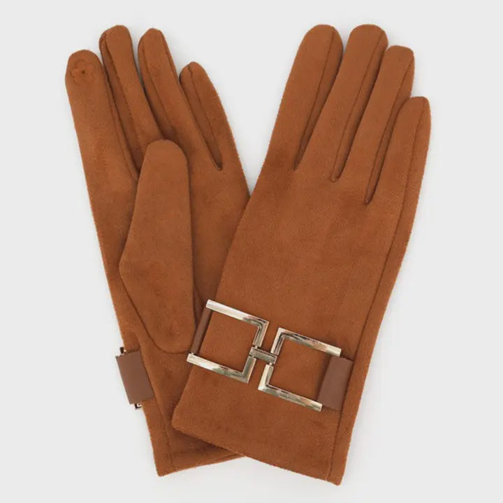Gold Buckle Accent Faux Suede Touchscreen Glove in Rust
