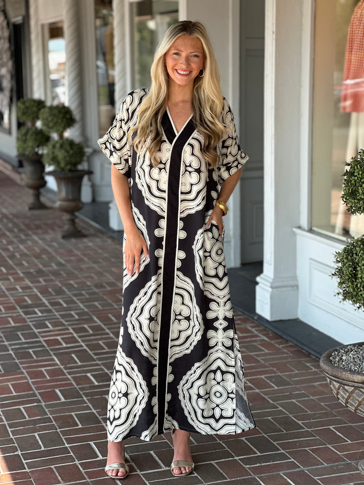 Where It Lands Black Printed Maxi Dress