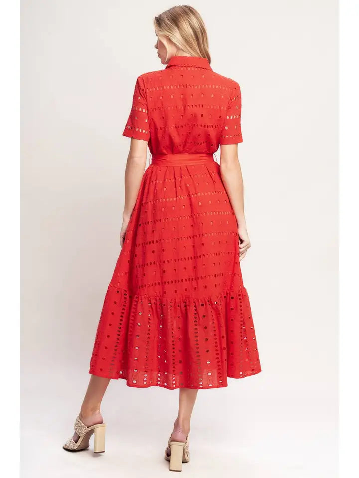 Red Woven Eyelet Midi Dress