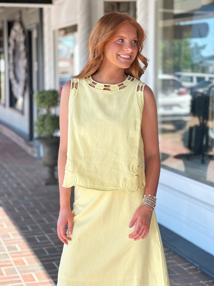 Embroidered Tank and Midi Skirt Set with Cut-Outs in Lemon Yellow