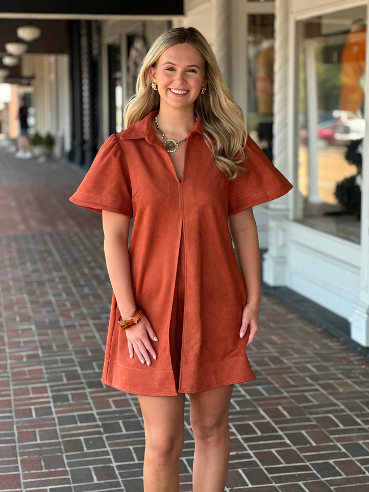 Collar Suede Mini Dress in Rust