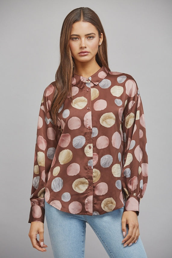 Multicolor Polka Dot Print Satin Button Up Blouse