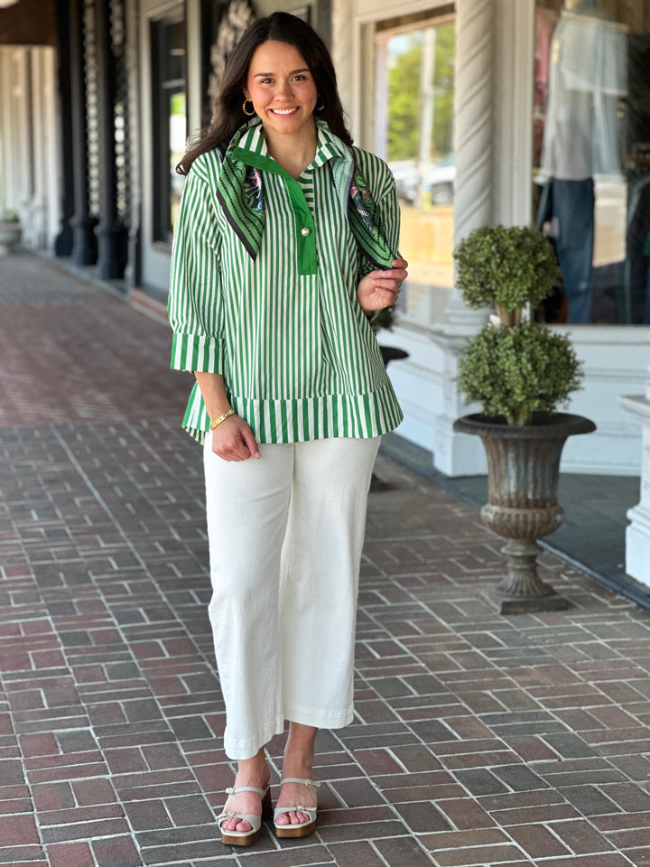 Green Stripe Print 3/4 Sleeve Top