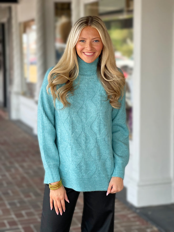 Tribal Mock Neck Sweater in Mist Blue