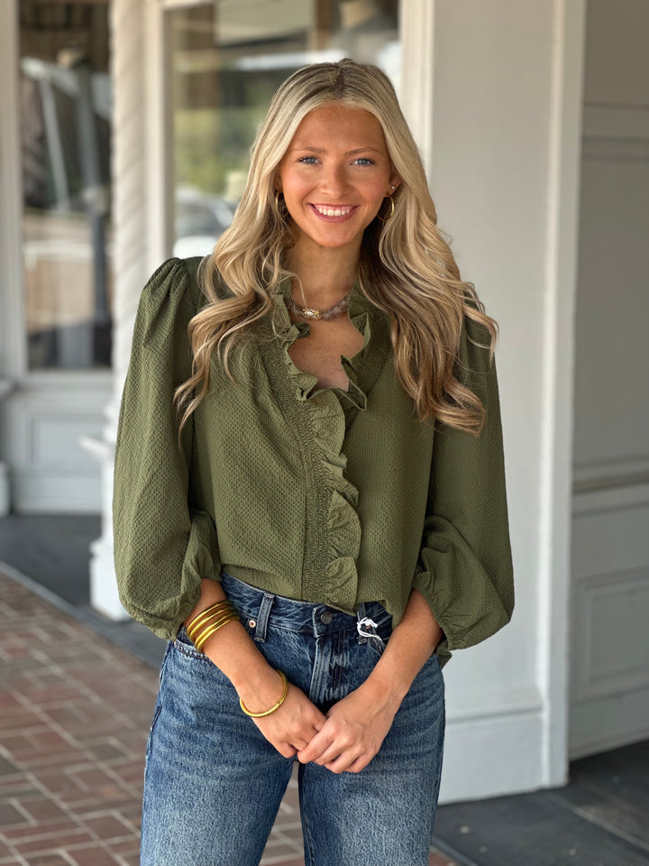 Textured Ruffle Trim Blouse in Olive