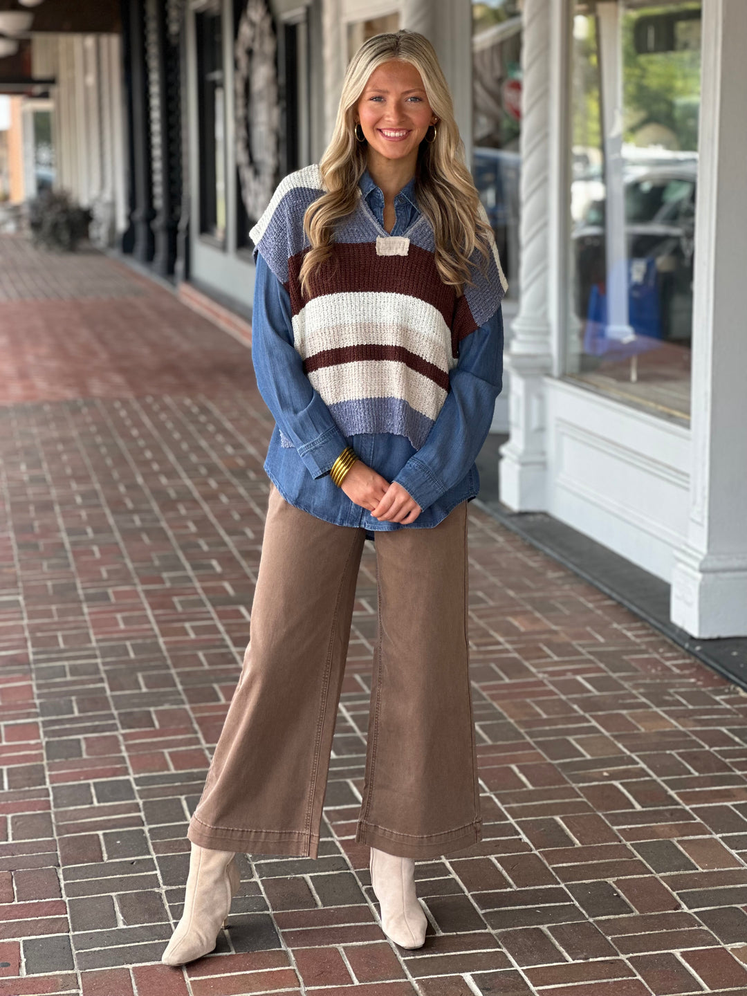 Multicolor Striped Cap Sleeve Sweater in Frosted Mocha