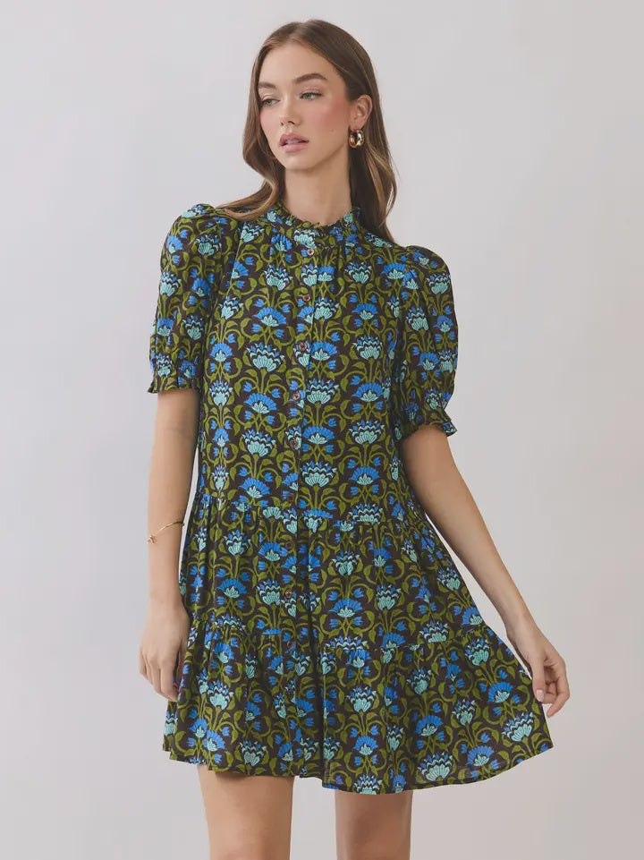 All Together Now Green Floral Mini Dress