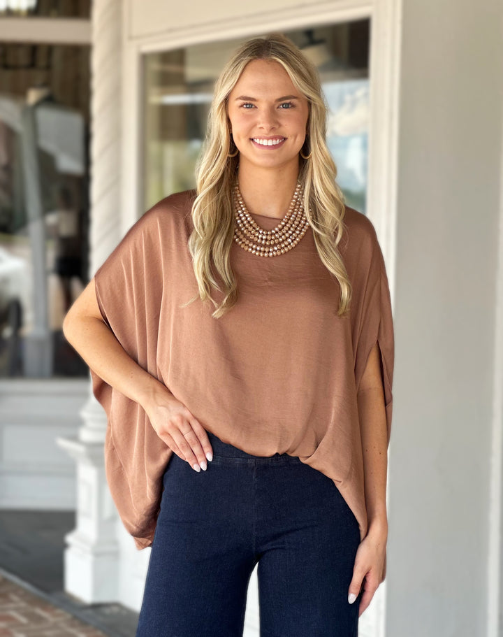 Washed Satin Caftan Top in Mocha