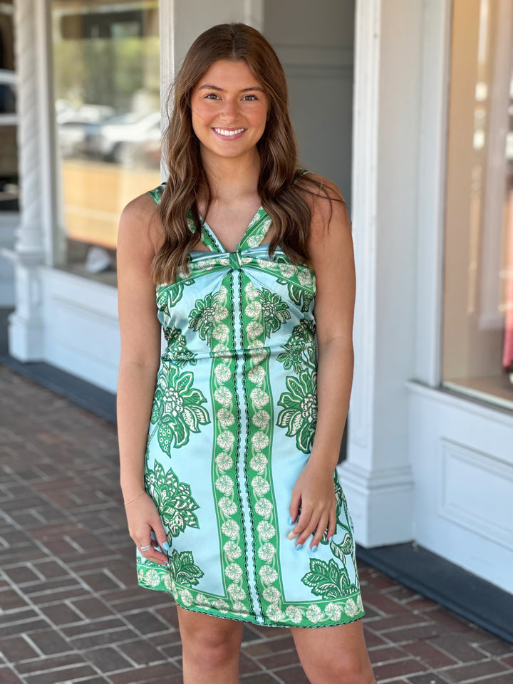Miki Scarf Printed Halter Dress in Mint Green