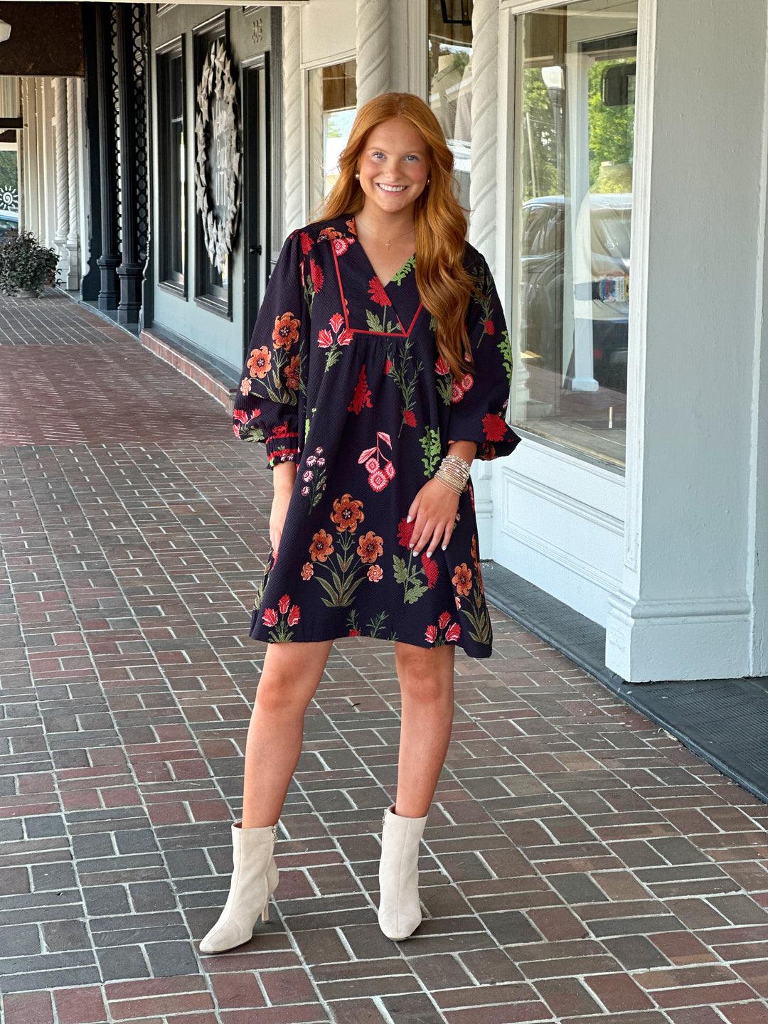 Mixed Floral Shift Dress in Black
