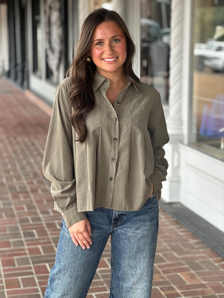 Sage Pleated Button Down Long Sleeve Top