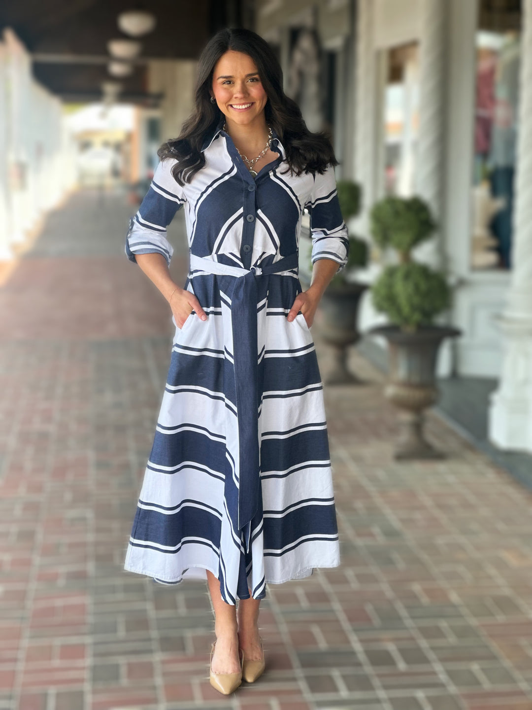 Joseph Ribkoff Cotton Stripe Print Fit and Flare Shirt Dress with Reversible Sash in Navy Joseph Ribkoff Cotton Stripe Print Fit and Flare Shirt Dress with Reversible Sash in Navy