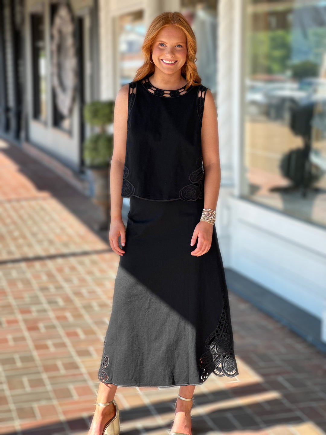 Embroidered Tank and Midi Skirt Set with Cut-Outs in Black